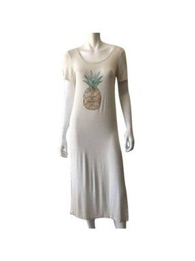 Pineapple Graphic Beige Midi T-Shirt Dress With Side Slits